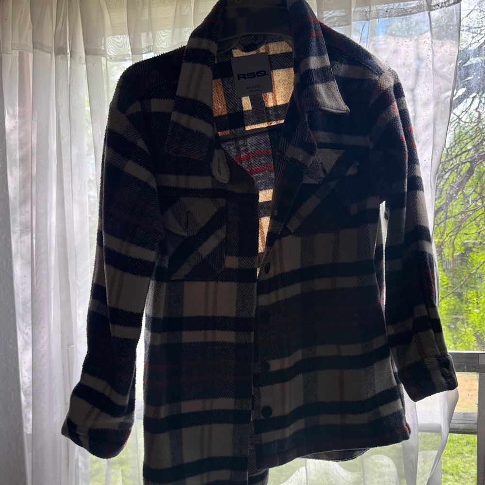 RSQ Black and Red Plaid Kids Pea Coat